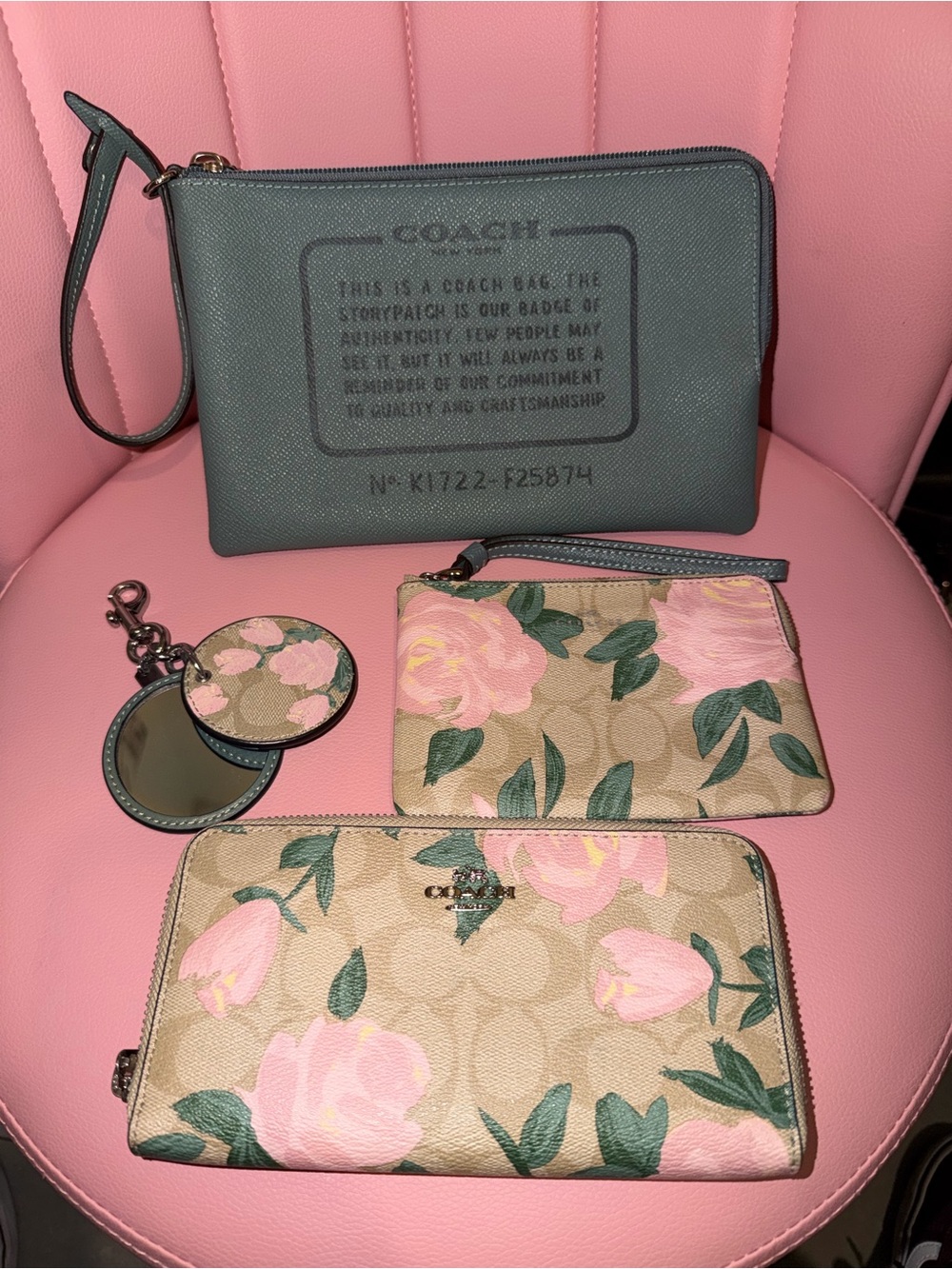 COACH Pink Floral Signature Wallet, Card Pouch, Mirror & Wristlet Set
